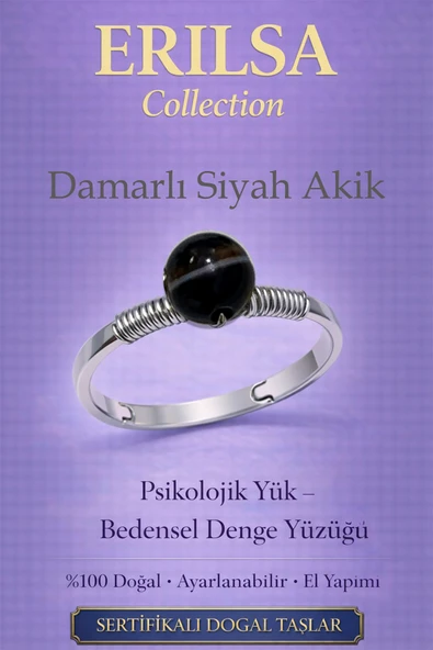 Sertifikalı Psikolojik Yük Bedensel Denge Yüzüğü - Damarlı Siyah Akik Ayarlamalı Akrep Oğlak Kova ürün görseli 1