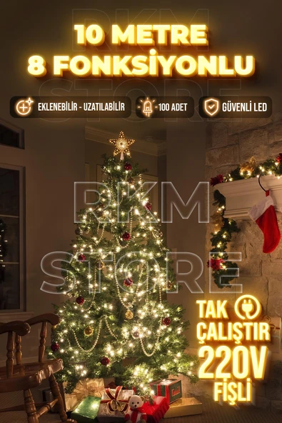 rkmstore 10 Metre Gün Işığı 100 Ledli Fişli 8 Fonksiyonlu Yılbaşı Ağacı Işığı Organizasyon Led Işık ürün görseli 1