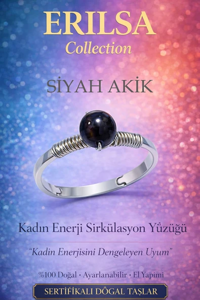Sertifikalı Kadın Enerji Sirkülasyon Yüzüğü – Siyah Akik Ayarlamalı İnce Akrep Oğlak Yengeç Burcu ürün görseli 1
