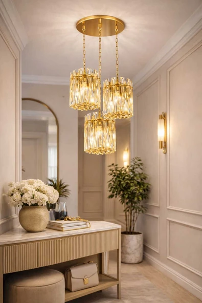 Bohem Aydınlatma Kristal Cam Taşlı Gold Belek Sarkıt Modern Avize ürün görseli 1