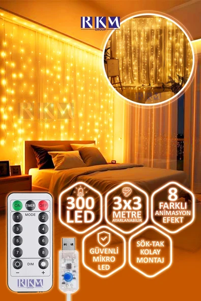 rkmstore Dekoratif Perde Led 3x3 Gün Işığı Peri Led 300 Ledli 3mx3m Kumandalı 8 Modlu Usb'li Süsleme Ledi ürün görseli 1