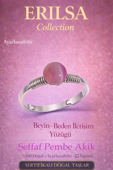Sertifikalı Beyin Beden İletişim Enerji Yüzüğü – Şeffaf Pembe Akik Ayarlamalı İnce Terazi Yengeç ürün görseli 1
