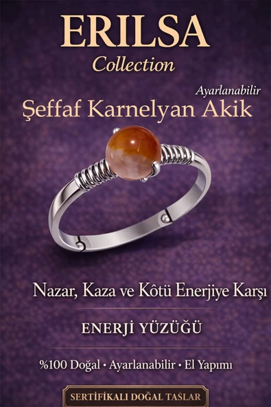 Sertifikalı Nazar Koruma Enerji Yüzüğü – Şeffaf Karnelyan Ayarlamalı İnce Kasa Akrep Koç Oğlak Burcu ürün görseli 1