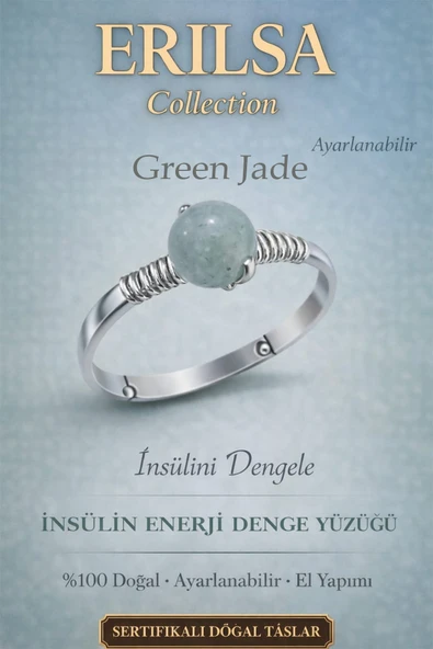 Sertifikalı İnsülin Enerji Denge Yüzüğü – Yeşim Taşı (Green Jade) Ayarlamalı İnce Başak Boğa Oğlak ürün görseli 1