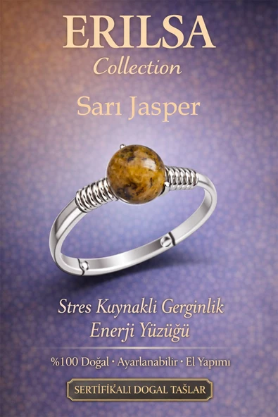 Sertifikalı Stres Azaltıcı Enerji Yüzüğü – Sarı Jasper Ayarlanabilir İnce Kasa Başak Boğa Burcu ürün görseli 1