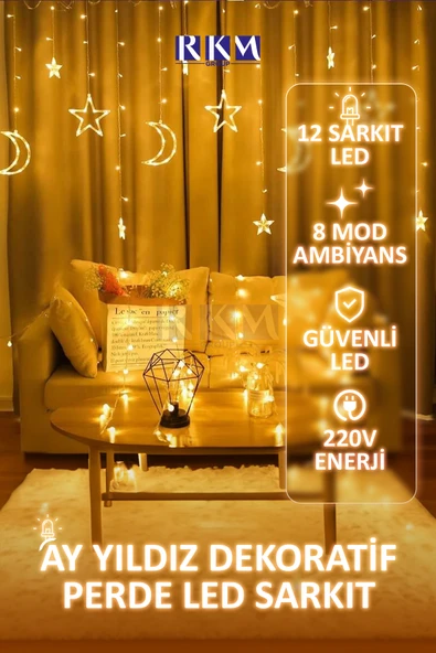 rkmstore Dekoratif 8 Modlu Ay Yıldız Perde Led Gün Işığı Ramazan Süsleme Işık Hilal Yıldız Fişli Saçak Led ürün görseli 1