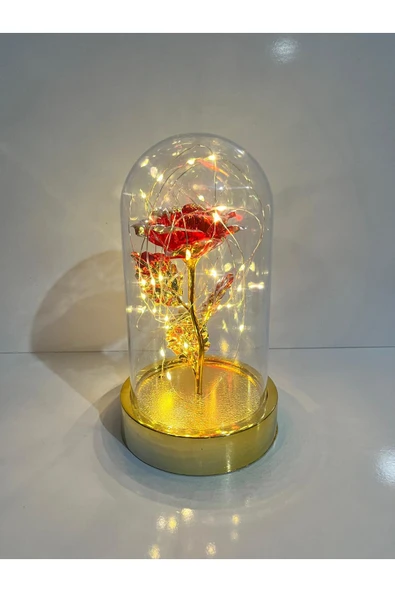 rkmstore Sevgililer Ve Anneler Gününe Özel Dekoratif Solmayan Sonsuzluk Gül Işıklı Fanus Işıklı Gold Fanus ürün görseli 1