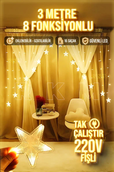 rkmstore Yıldız Desenli Çapraz Sarkıt Led Perde Işık – Fişli Eklemeli 8 Fonksiyonlu Dekoratif Aydınlatma ürün görseli 1