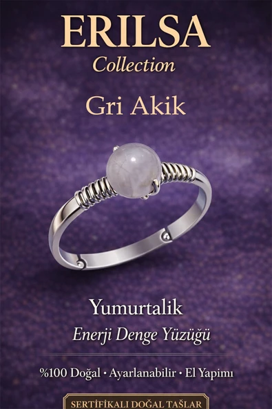 Sertifikalı Yumurtalık Enerji Denge Yüzüğü – Gri Akik Taşı Ayarlamalı İnce Kasa Yengeç Terazi Balık ürün görseli 1