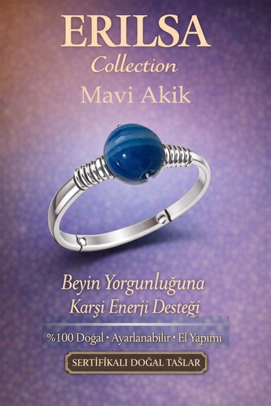 Sertifikalı Zihinsel Denge Enerji Yüzüğü – Damarlı Mavi Akik Ayarlamalı İnce Kasa Terazi Balık Burcu ürün görseli 1