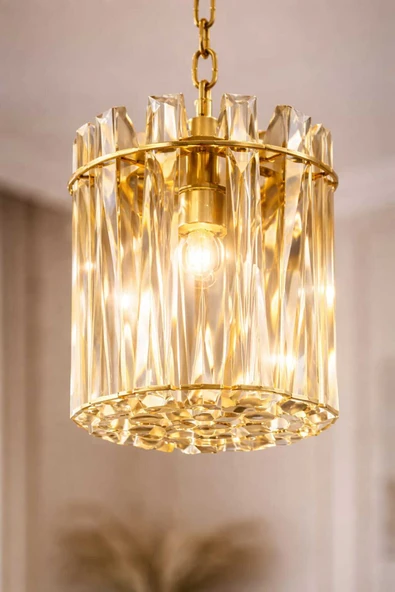 Bohem Aydınlatma Gold Kristal Cam Taşlı Tekli Belek Sarkıt Modern Avize ürün görseli 1