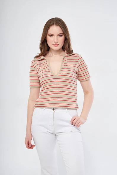 Kadın Polo Yaka Çizgili T-shirt ürün görseli 1