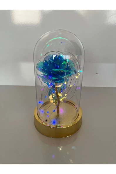 rkmstore Özel Günler İçin Hediyelik Dekoratif Mavi Solmayan Sonsuzluk Güllü Ledli Işıklı Gold Fanus ürün görseli 1