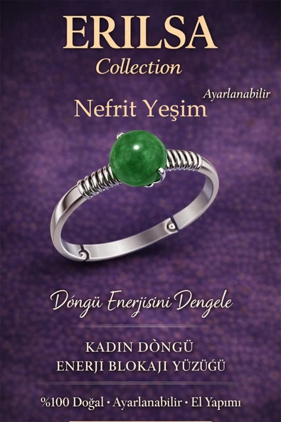 Sertifikalı Kadın Döngü Enerji Blokaj Yüzüğü – Nefrit Yeşim Taşı Ayarlamalı İnce Yengeç Boğa Terazi ürün görseli 1