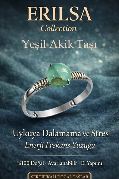 Sertifikalı Uykuya Dalamama Enerji Yüzüğü – Yeşil Akik Ayarlanabilir Gümüş Kasa Yengeç Balık Burcu ürün görseli 1