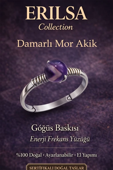 Sertifikalı Göğüs Baskısı Enerji Yüzüğü – Damarlı Mor Akik Ayarlamalı İnce Kasa Yengeç Balık Terazi ürün görseli 1