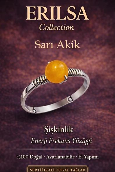 Sertifikalı Şişkinlik Enerji Yüzüğü – Sarı Akik Taşı Ayarlanabilir İnce Kasa Boğa Başak Yengeç ürün görseli 1