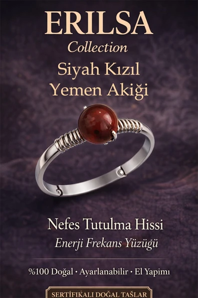Sertifikalı Nefes Tutulma Hissi Yüzüğü – Siyah Kızıl Yemen Akik Ayarlamalı İnce Kasa Akrep Koç Aslan ürün görseli 1