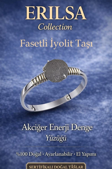 Sertifikalı Akciğer Enerji Denge Yüzüğü – Fasetli İyolit Taşı Ayarlamalı İnce Kasa Kova İkizler Yay ürün görseli 1