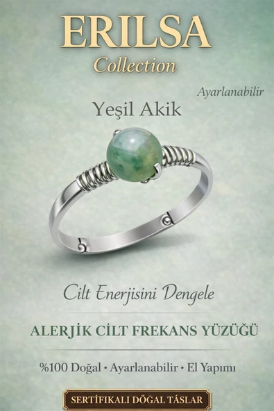 Sertifikalı Alerjik Cilt Enerji Yüzüğü – Yeşil Akik Ayarlanabilir İnce Kasa Boğa Başak Yengeç Burcu ürün görseli 1