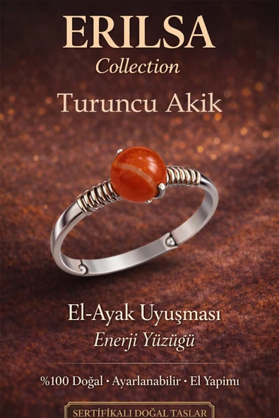 Sertifikalı El Ayak Uyuşması Enerji Yüzüğü – Turuncu Akik Ayarlanabilir Gümüş Kasa Aslan Başak Burcu ürün görseli 1