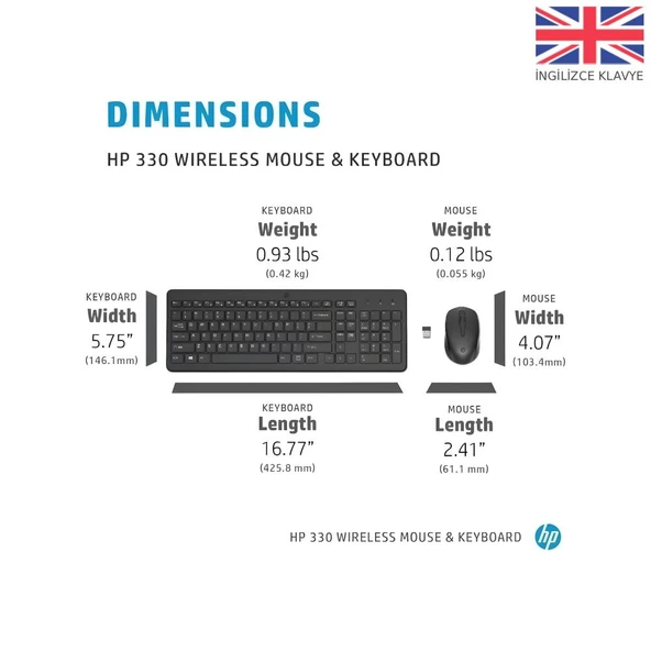 HP 2V9E6AA 330 WİRELESS KLAVYE-MOUSE COMBO SET İNGİLİZCE - SİYAH - Resim 3