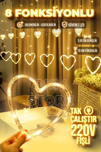 rkmstore Kalp Şekilli Perde Led Dekoratif Fişli Kalpli Saçaklı 12 Adet Kalp Gün ışığı ürün görseli 1