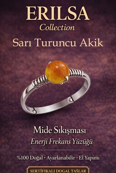 Sertifikalı Mide Sıkışması Enerji Yüzüğü – Sarı Turuncu Akik Ayarlanabilir İnce Kasa Aslan Koç Yay ürün görseli 1