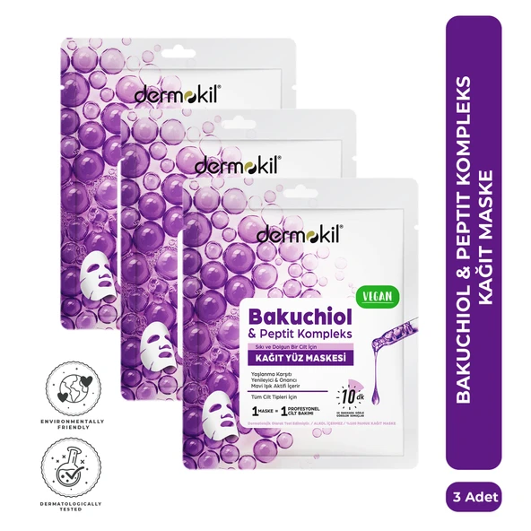Dermokil Bakuchiol & Peptit Kompleks Yaşlanma Karşıtı ve Onarıcı Kağıt Yüz Maskesi 20 ml x 3 Adet ürün görseli 1