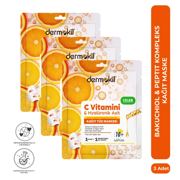 Dermokil C Vitamini & Hyalüronik Asit İçeren Kağıt Yüz Maskesi 20 ml x 3 Adet ürün görseli 1