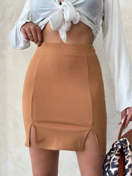 Çift yırtmaçlı etek camel s25910 ürün görseli 1