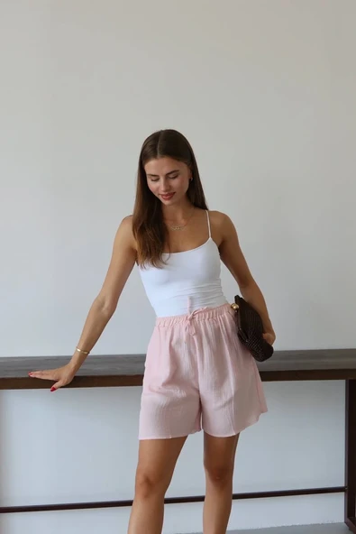 Müslin kumaş şort bağcıklı pembe pt - Resim 6