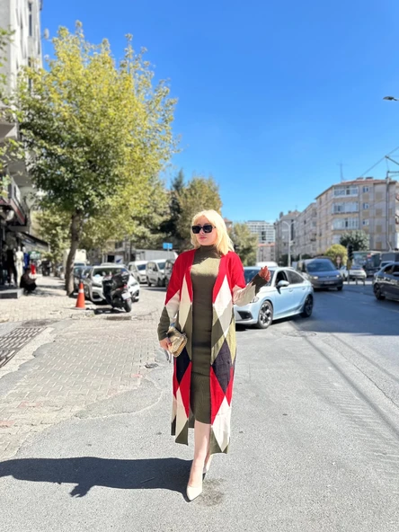 Uzun hırka içi elbise ikili triko takım ekose baklava desen haki kırmızı ürün görseli 1