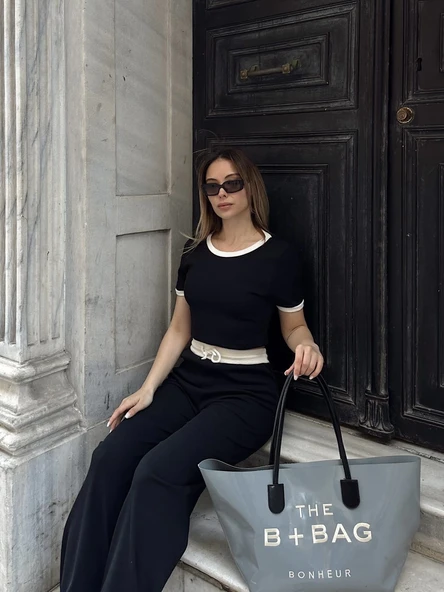 Crop pantolon biyeli takım siyah - Resim 7