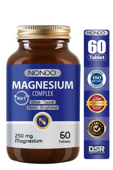 Nondo Magnezyum Kompleks 60 Tablet 250 mg 4 Form, Sitrat, Taurat, Malat, Bisglisinat, B6 Vitamini, ürün görseli 1