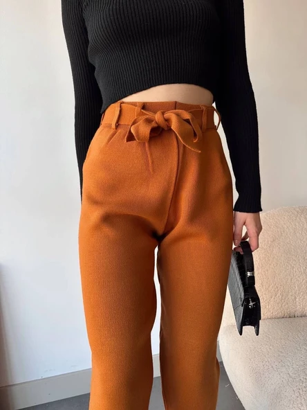 Kendinden kemerli triko pantolon camel - Resim 2