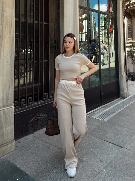 Crop pantolon biyeli takım bej - Resim 3