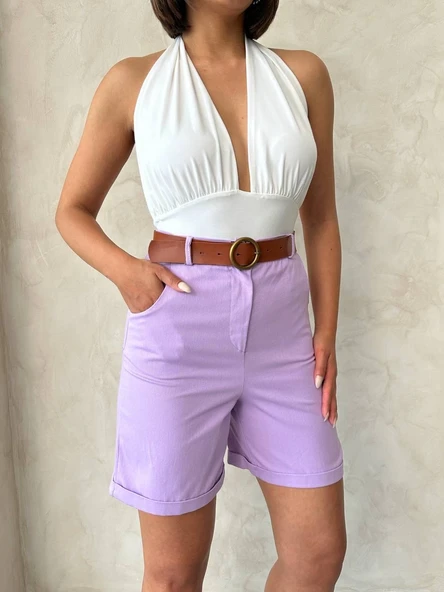 Kemerli gabardin şort lila s25735 ürün görseli 1