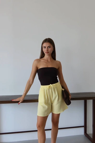 Müslin kumaş şort bağcıklı sarı pt - Resim 5