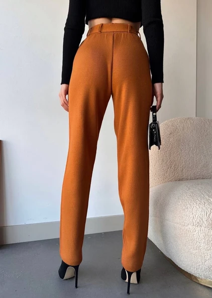 Kendinden kemerli triko pantolon camel - Resim 3