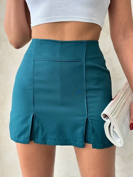 Çift yırtmaçlı atlas şort etek petrol yeşili s240364 ürün görseli 1