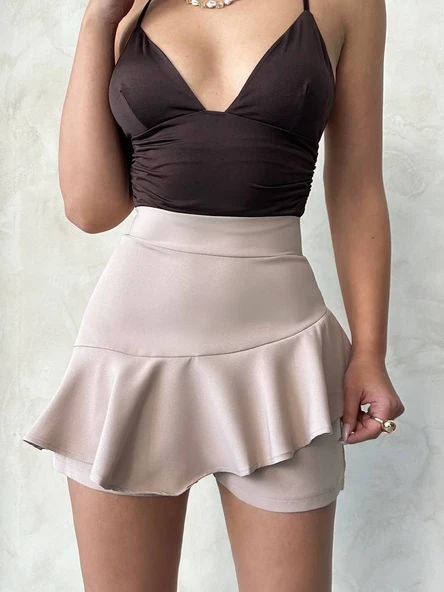 Vnlu fırfırlı şort bej s24683 - Resim 5