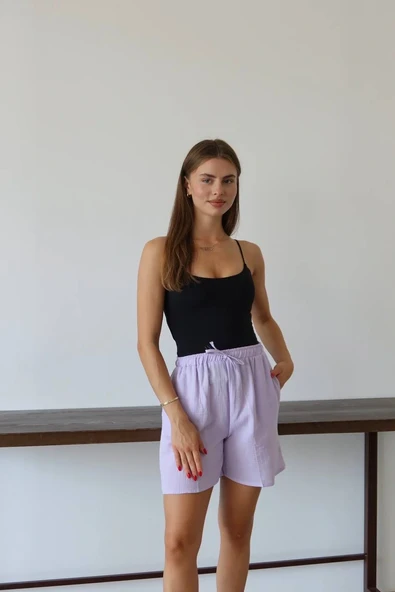 Müslin kumaş şort bağcıklı lila pt - Resim 4