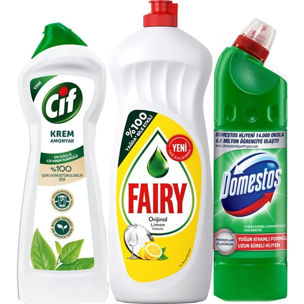 Fairy Sıvı Bulaşık Deterjanı 650 ml + Domestos Çamaşır Suyu 750 ml + Cif Krem 500 ml ürün görseli 1