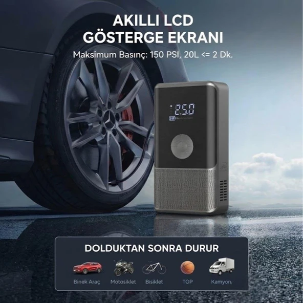 BİKE SKY 10.000mah Dijital Ekranlı Araba Akü Takviye'li Kompresör Araç Lastik Şişirme Hava Pompası - 150psı ürün görseli 1