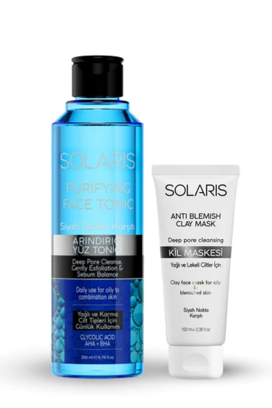 Solaris Kil Maskesi Yağlı ve Lekeli Ciltler İçin 100 ml ve Yağlı Ve Karma Ciltler Için Siyah Nokta Karşıtı Arındırıcı Yüz Temizleme Toniği 200 ml ürün görseli 1