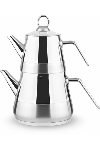 Lines Piramit Gümüş Metal Kulp Paslanmaz Çelik Çaydanlık Aile Boy Demlik 1,2 Litre Suluk 2,65 Litre ürün görseli 1
