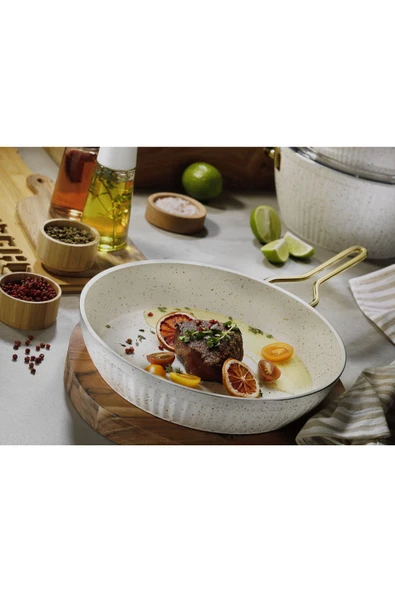 Lines Maya Granit Desenli Tava Altın Kulp - Beyaz - 30 Cm ürün görseli 1