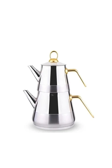 Lines Piramit Altın Metal Kulp Paslanmaz Çelik Çaydanlık Orta Boy - Demlik 1 Litre Suluk 2 Litre ürün görseli 1
