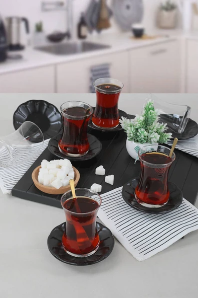 Keramika Mat Siyah Cam Çay Takımı 12 Parça 6 Kişilik ürün görseli 1